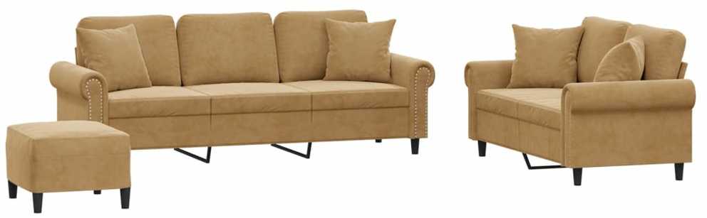 Sofa Sofos komplektas su pagalvėmis, 3 dalių, rudas, aksomas