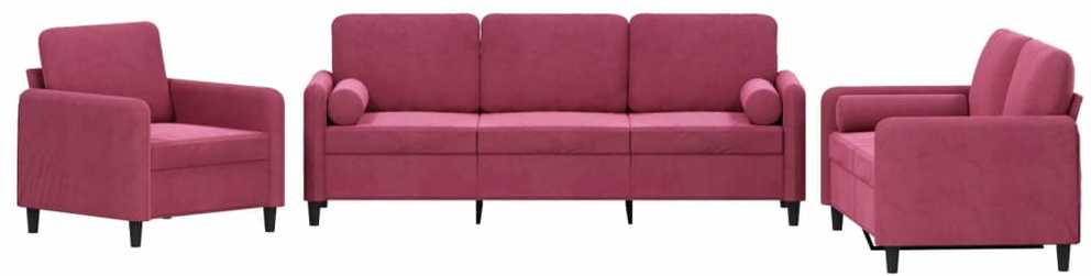 Sofa Sofos komplektas su pagalvėmis, 3 dalių, vyno, aksomas