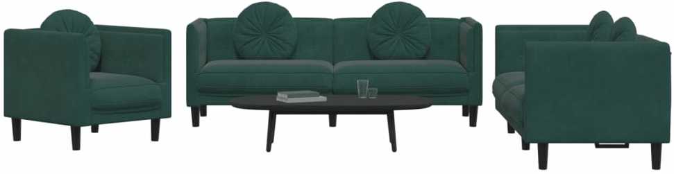 Sofa Sofos komplektas su pagalvėmis, 3 dalių, žalias, aksomas