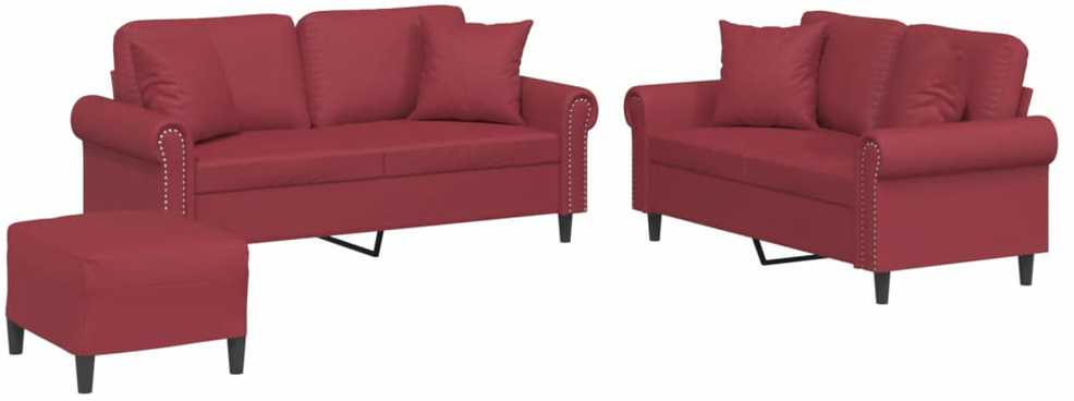 Sofa Sofos komplektas su pagalvėmis, 3 dalių, vyno, dirbtinė oda