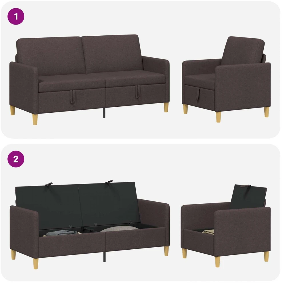 Sofa Sofos komplektas su saugojimu 2 vnt. Tamsiai rudas Poliesteris