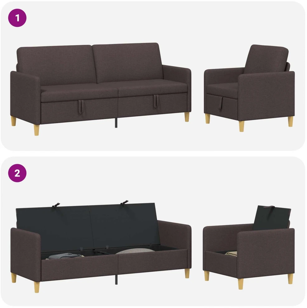 Sofa Sofos komplektas su saugojimu 2 vnt. Tamsiai rudas Poliesteris