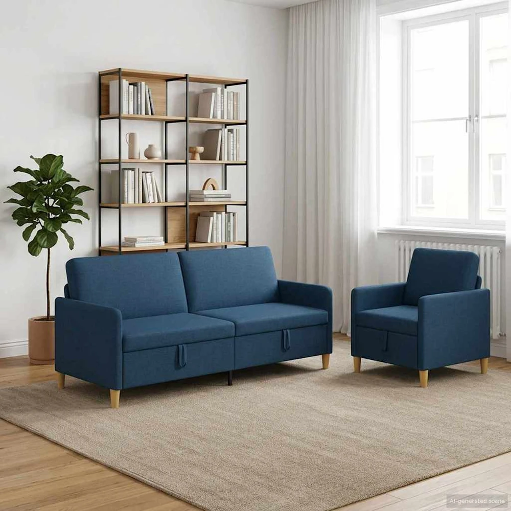 Sofa Sofos komplektas su saugojimu 2 vnt. Mėlyna Poliesteris