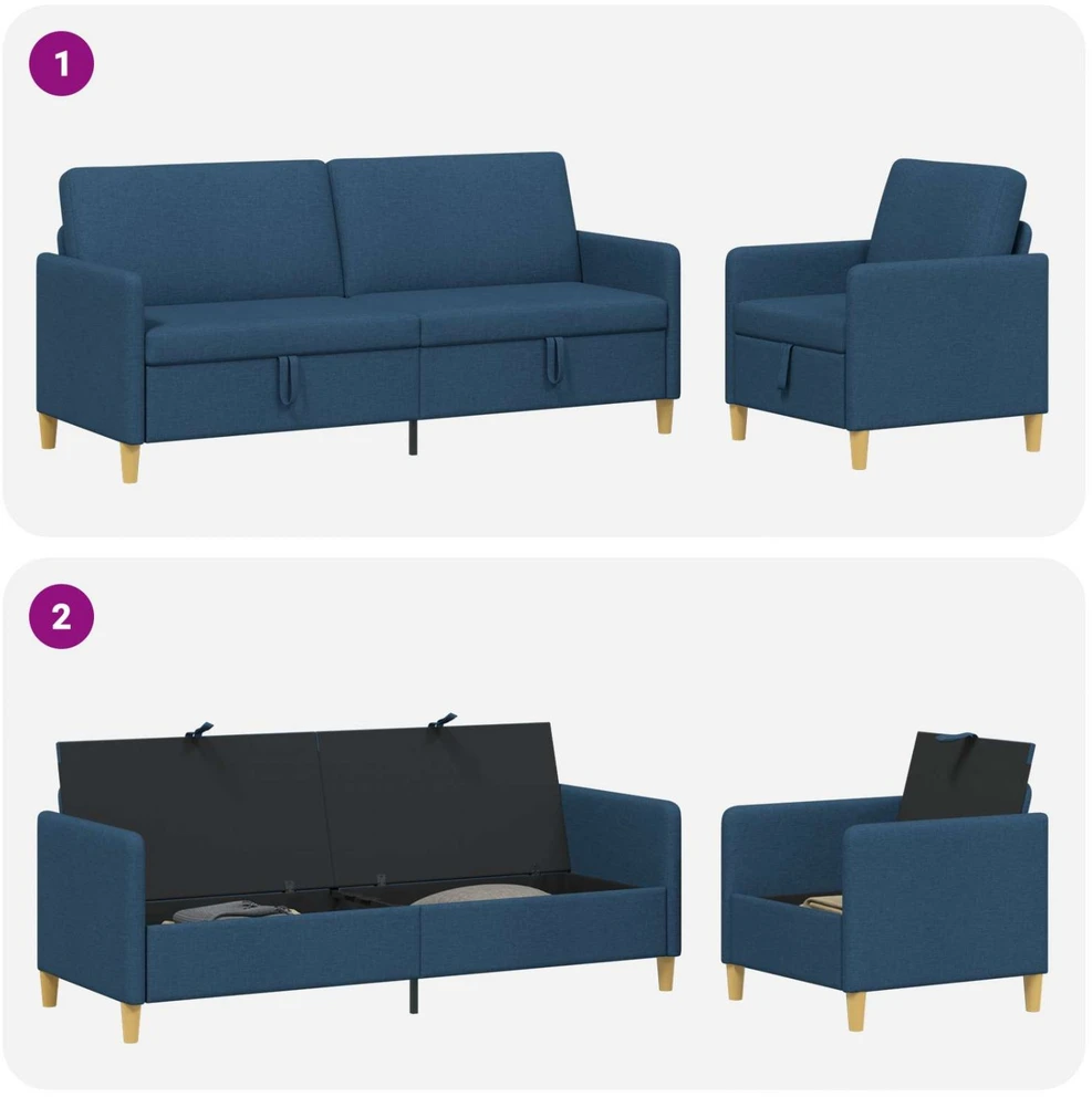 Sofa Sofos komplektas su saugojimu 2 vnt. Mėlyna Poliesteris