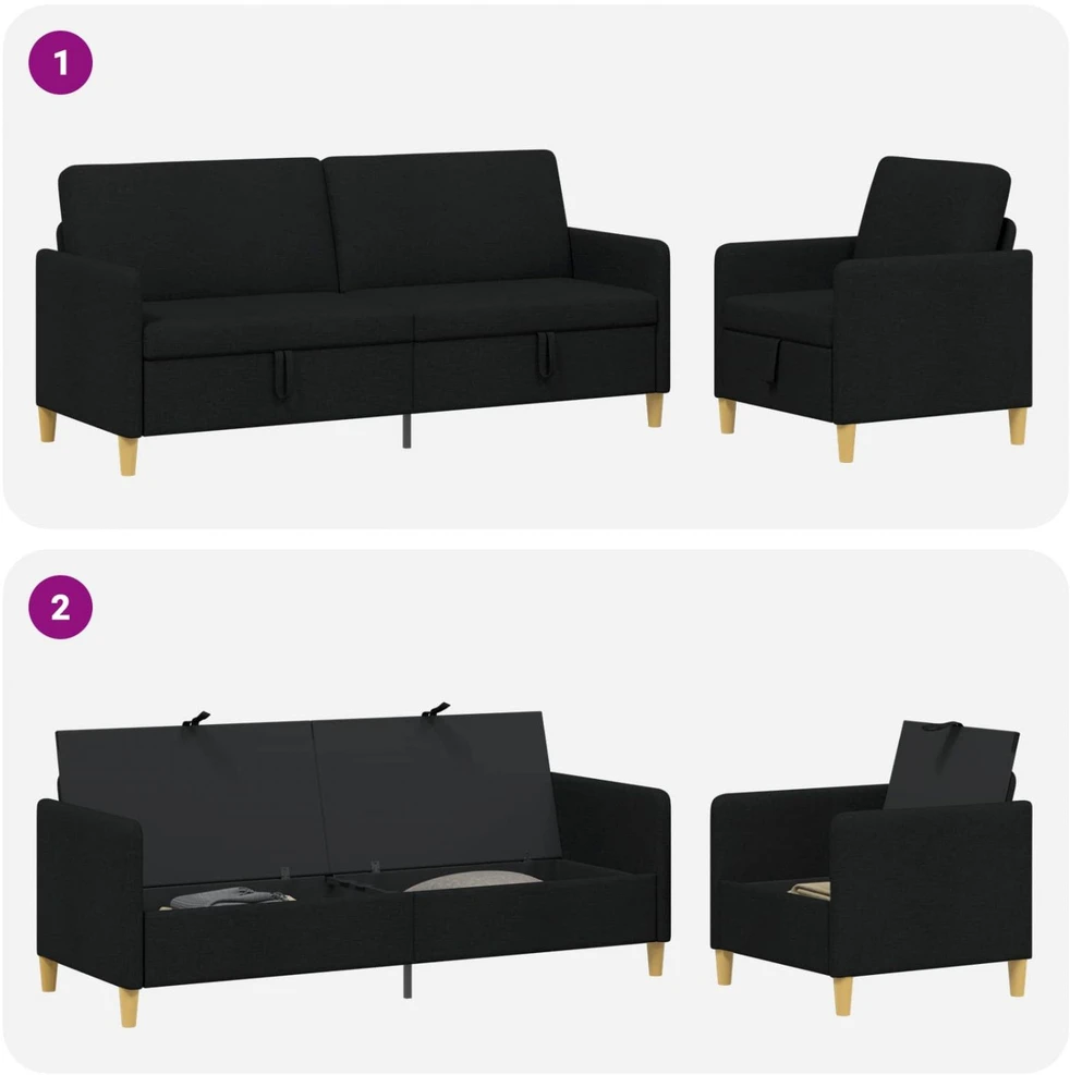 Sofa Sofos komplektas su saugojimu 2 vnt. Juoda Poliesteris