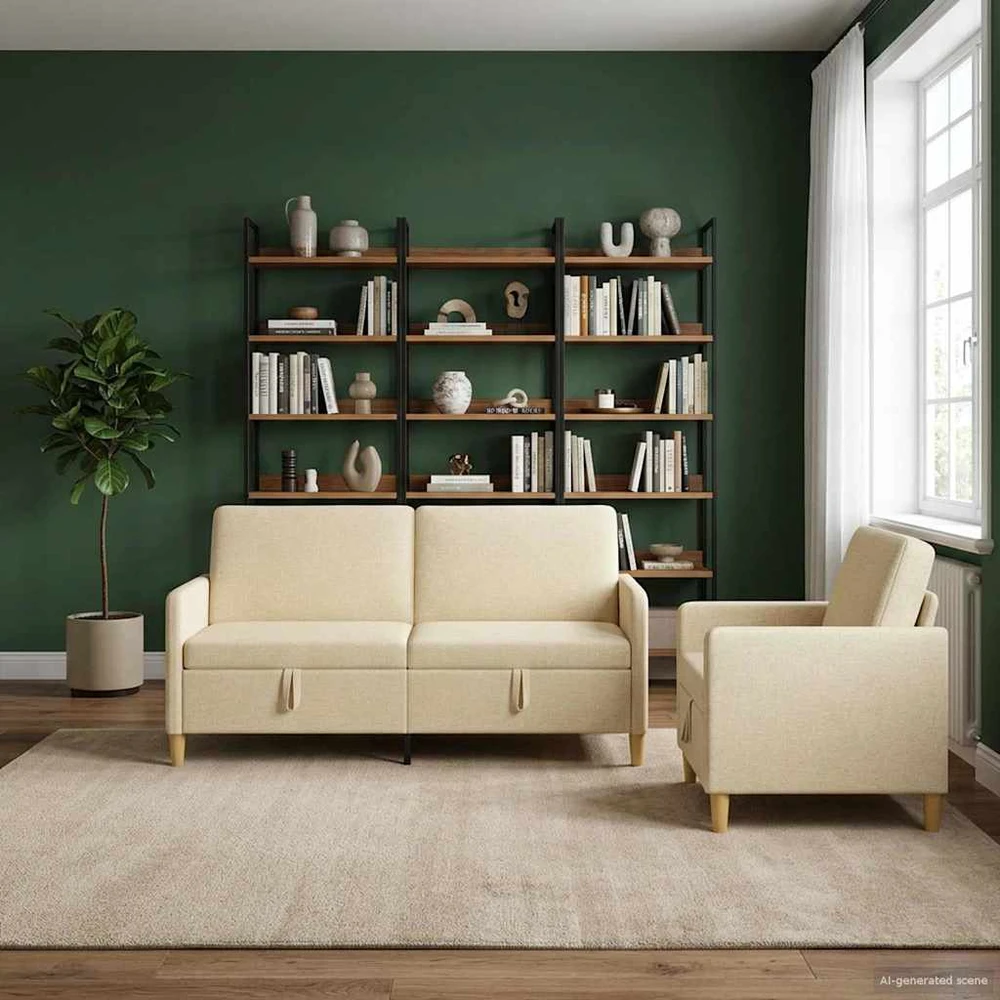 Sofa Sofos komplektas su saugojimu 2 vnt. Kreminė Poliesteris