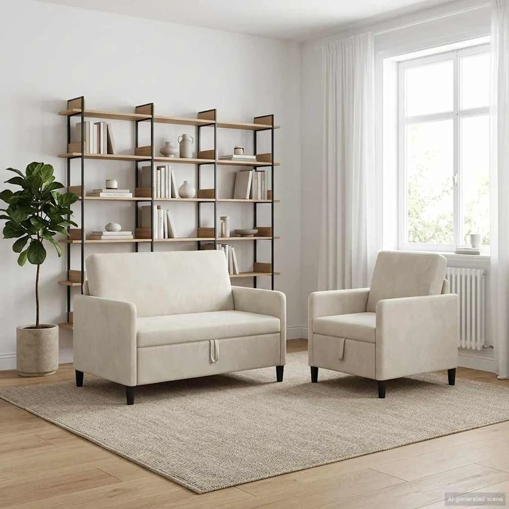 Sofa Sofos komplektas su saugojimu 2 vnt. Kreminė Poliesteris