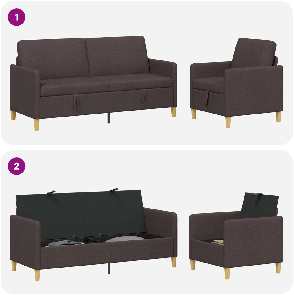 Sofa Sofos komplektas su saugojimu 2 vnt. Tamsiai rudas Poliesteris