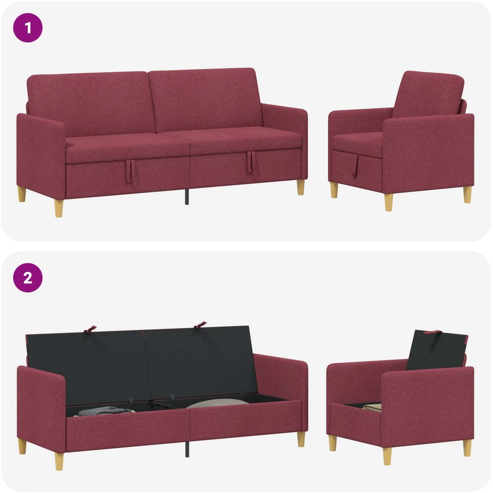 Sofa Sofos komplektas su saugojimu 2 vnt. Vyno raudona Poliesteris
