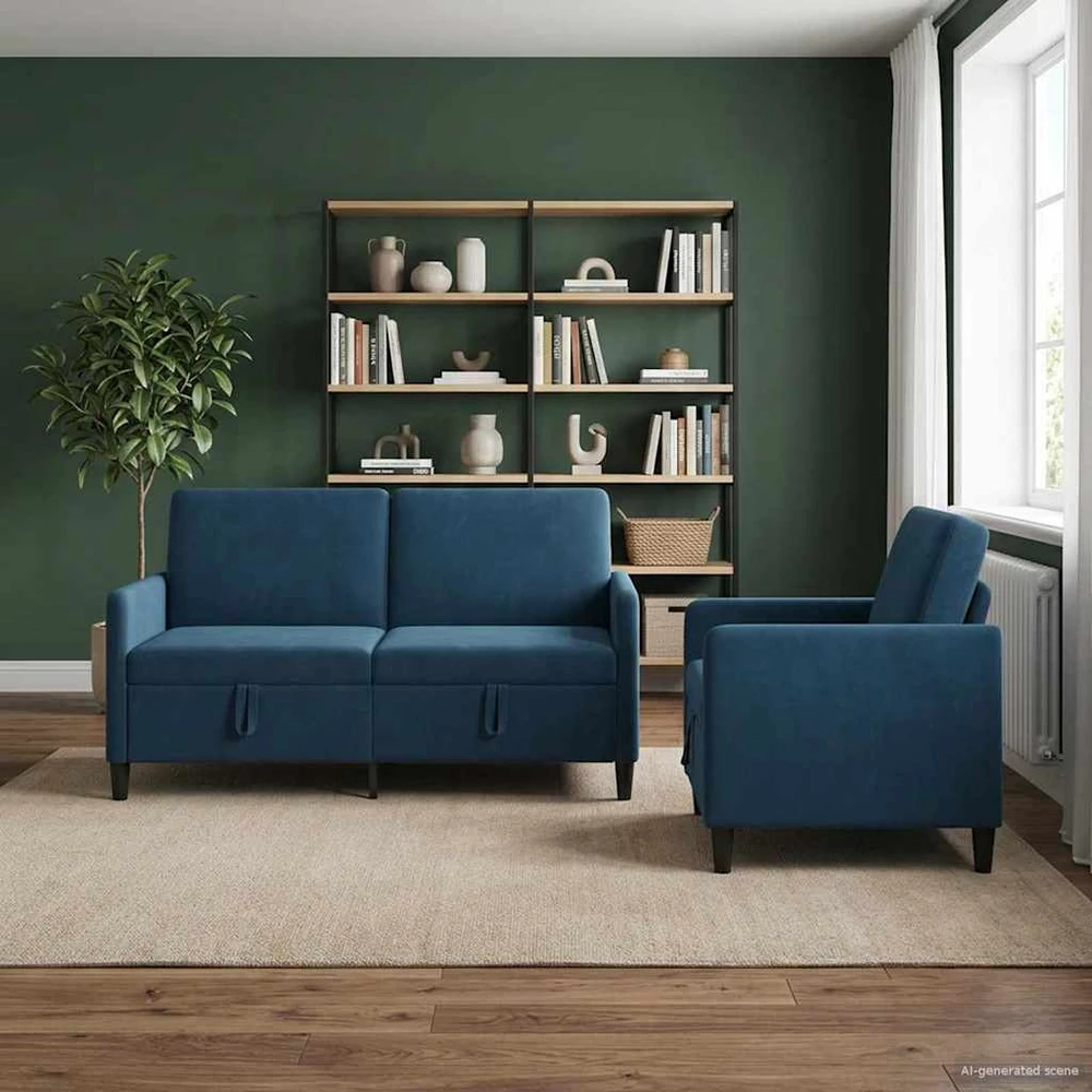 Sofa Sofos komplektas su saugojimu 2 vnt. Mėlyna Poliesteris