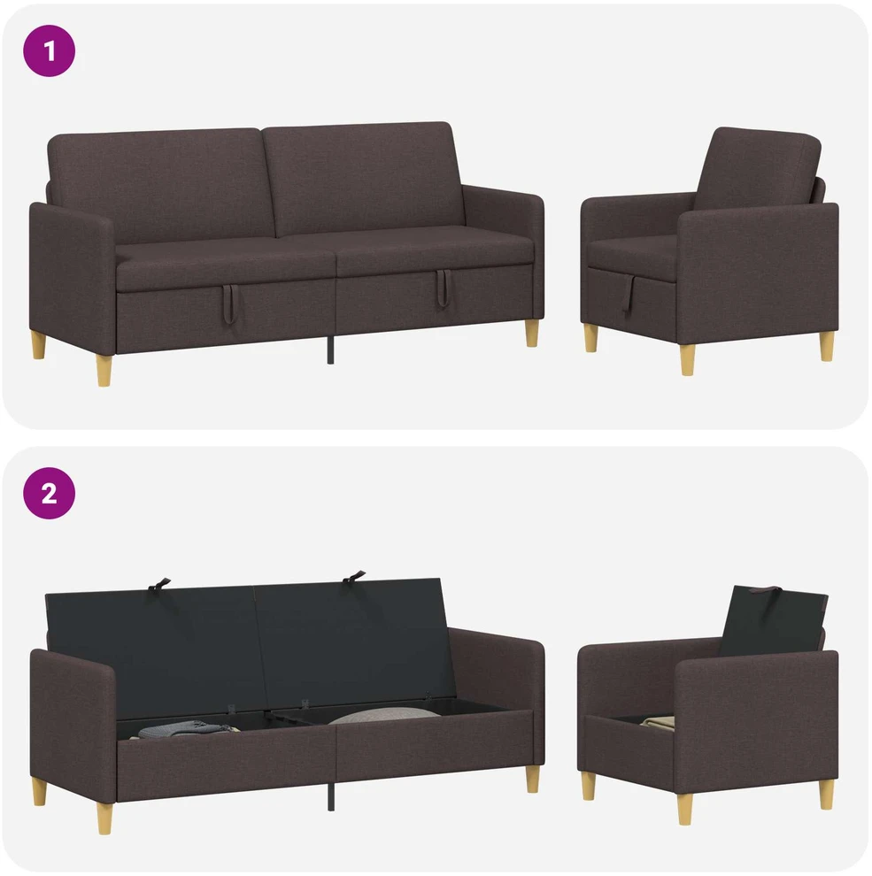 Sofa Sofos komplektas su saugojimu 2 vnt. Tamsiai rudas Poliesteris