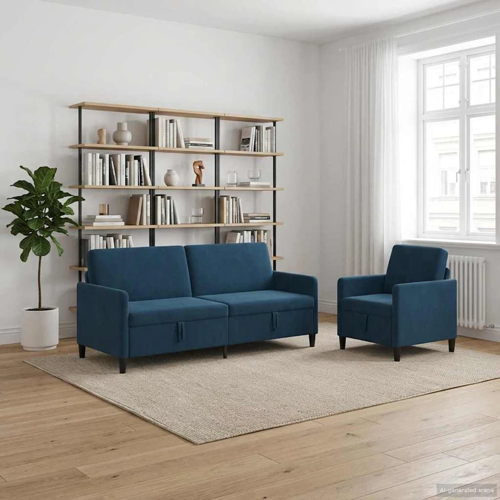 Sofa Sofos komplektas su saugojimu 2 vnt. Mėlyna Poliesteris