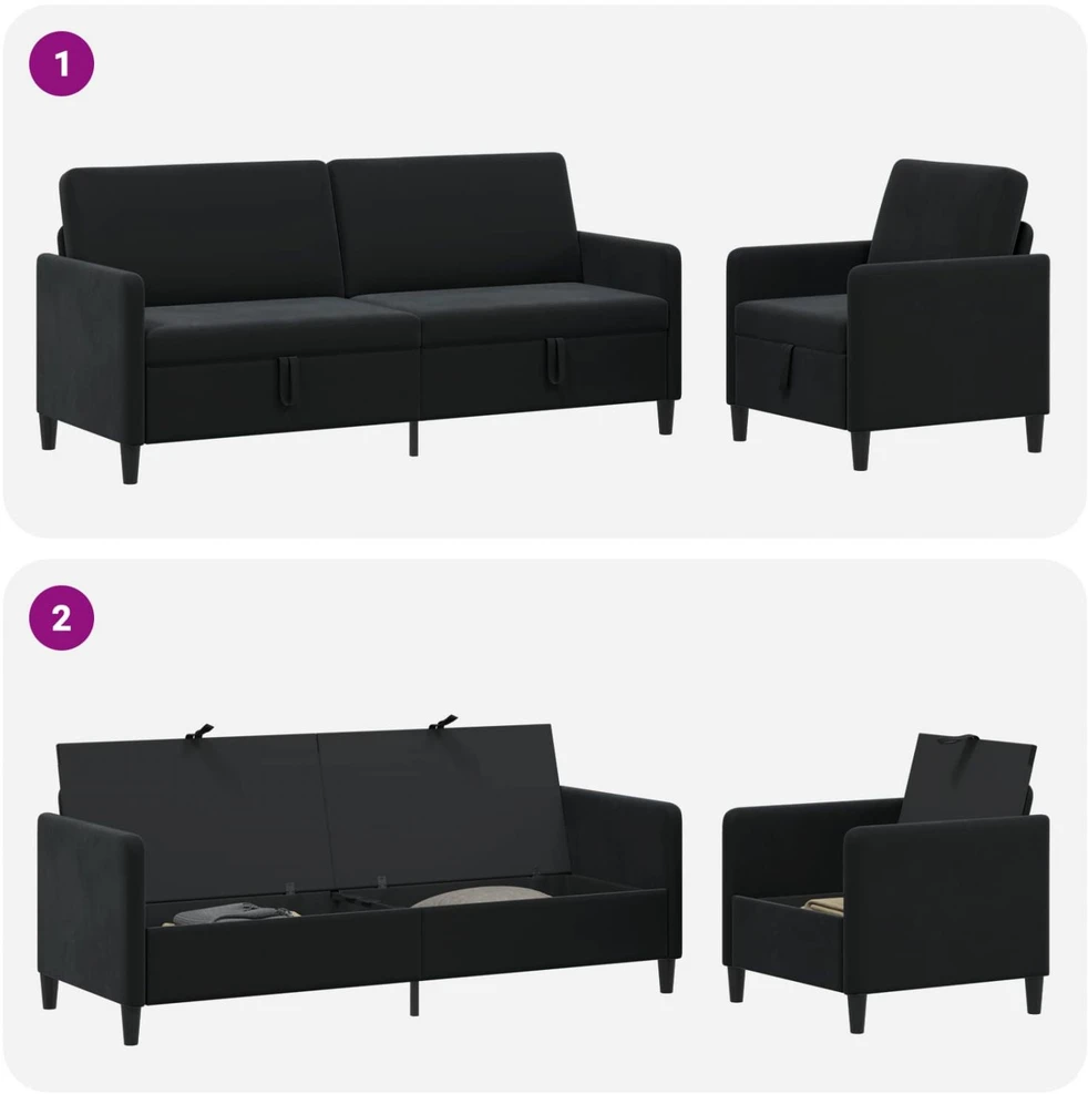 Sofa Sofos komplektas su saugojimu 2 vnt. Juoda Poliesteris