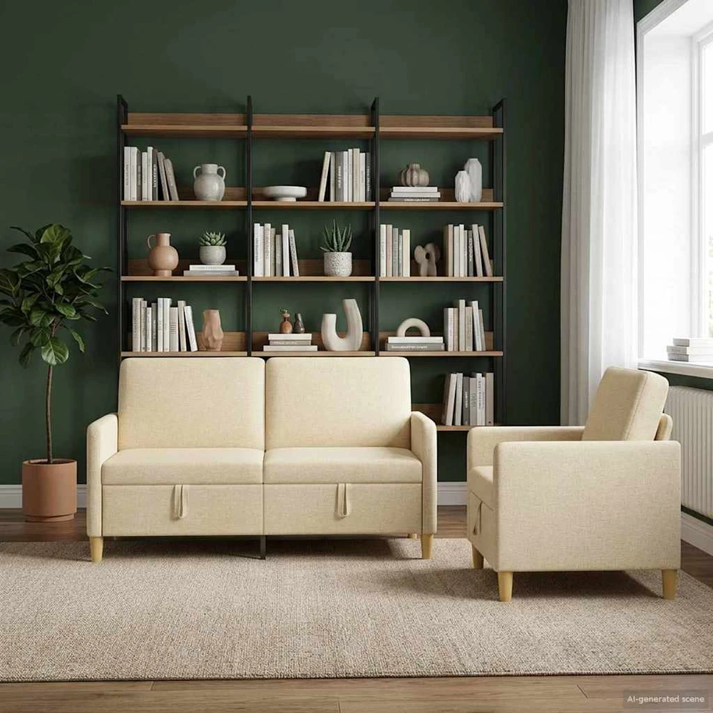 Sofa Sofos komplektas su saugojimu 2 vnt. Kreminė Poliesteris