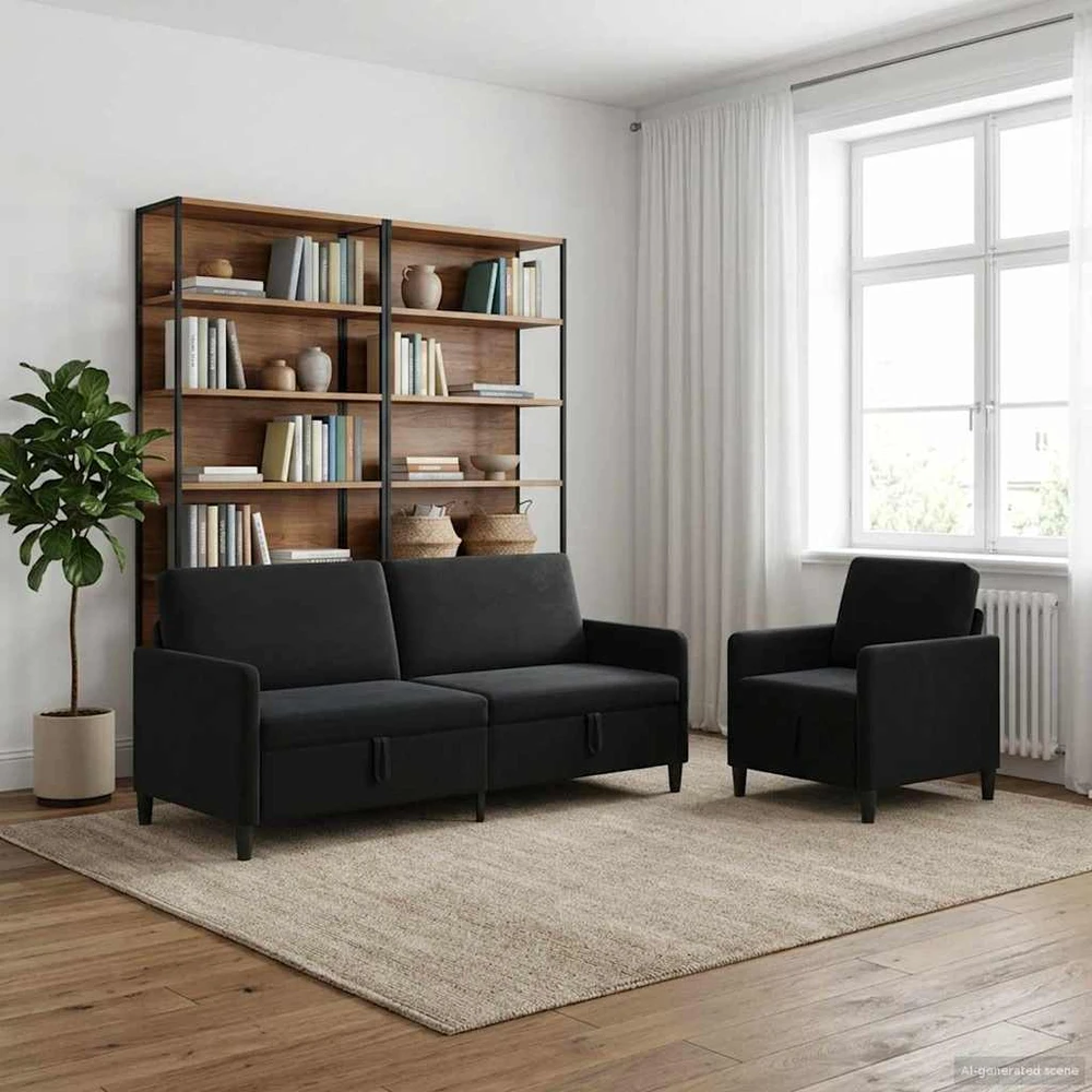 Sofa Sofos komplektas su saugojimu 2 vnt. Juoda Poliesteris