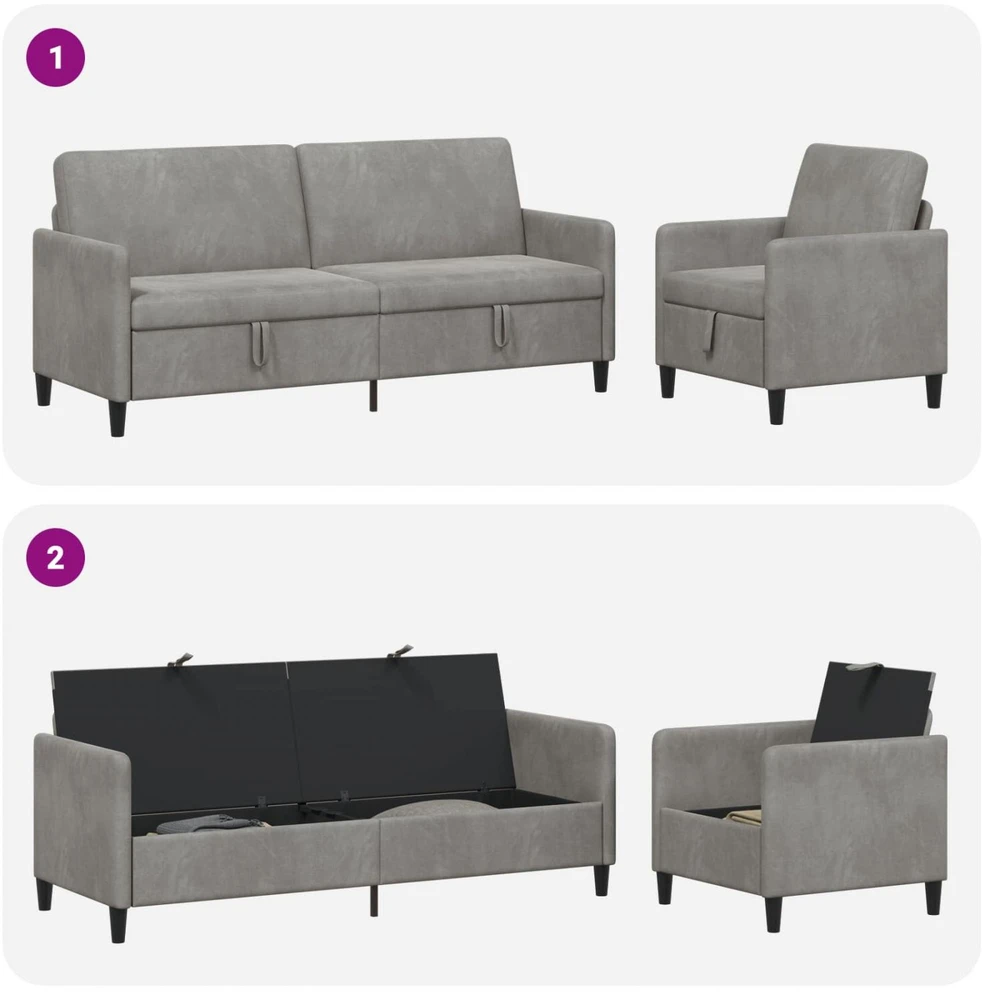 Sofa Sofos komplektas su saugojimu 2 vnt. Šviesiai pilka Poliesteris