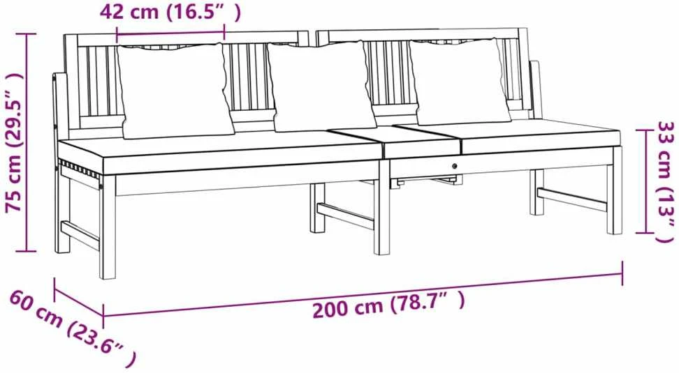 Sofa su pilkomis pagalvėlėmis, 200x60x75cm, akacijos masyvas