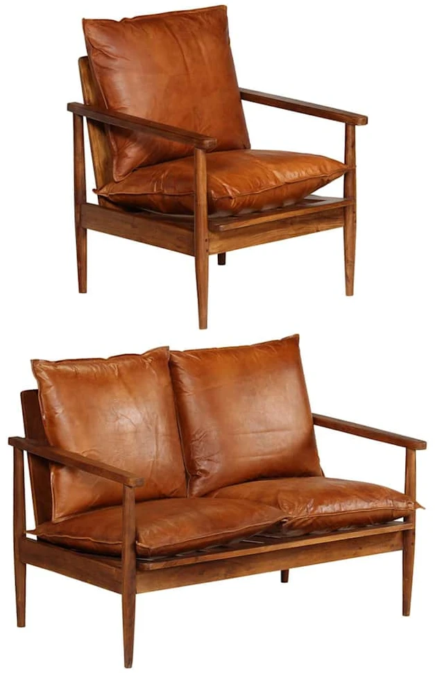 Sofa Sofos komplektas, 2 dalių, rudas, tikra oda ir akacijos masyvas