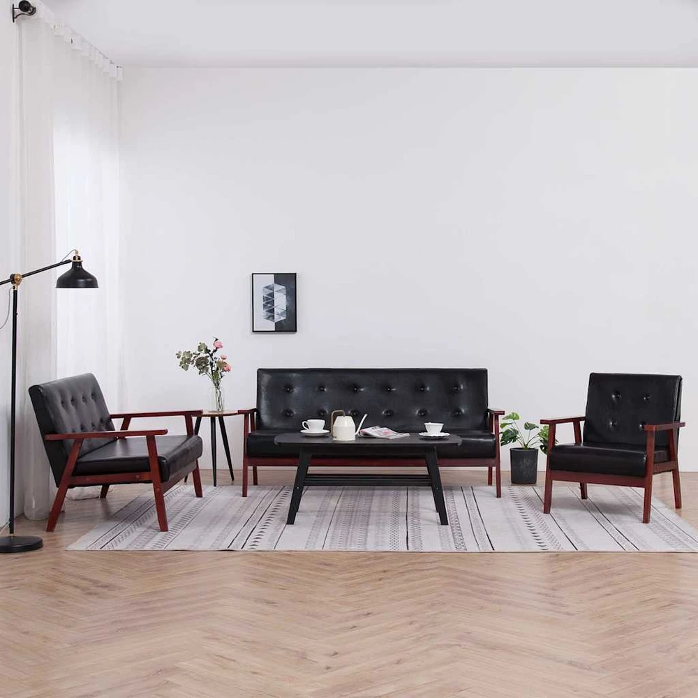 Sofa Sofos komplektas, 3 dalių, juodos spalvos, dirbtinė oda