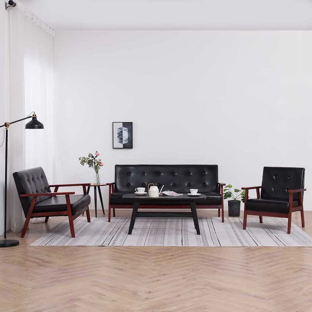 Sofa Sofos komplektas, 3 dalių, juodos spalvos, dirbtinė oda