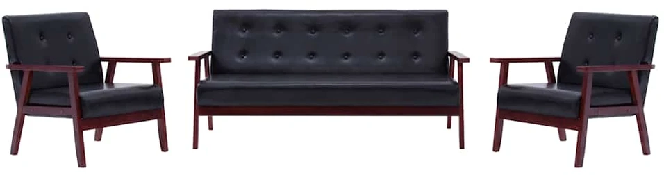 Sofa Sofos komplektas, 3 dalių, juodos spalvos, dirbtinė oda