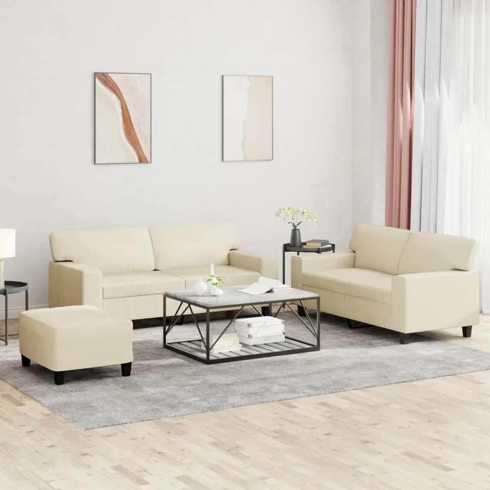 Sofa Sofos komplektas, 3 dalių, kreminės spalvos, dirbtinė oda