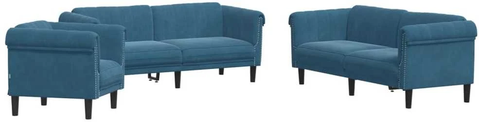 Sofa Sofos komplektas, 3 dalių, mėlynos spalvos, aksomas
