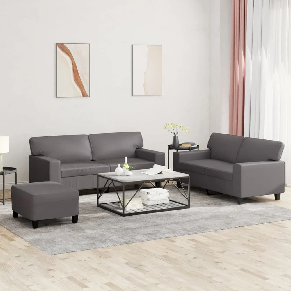 Sofa Sofos komplektas, 3 dalių, pilkos spalvos, dirbtinė oda