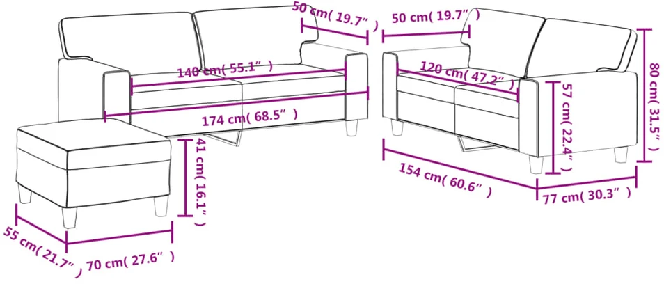Sofa Sofos komplektas, 3 dalių, pilkos spalvos, dirbtinė oda