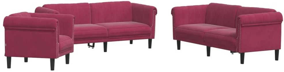 Sofa Sofos komplektas, 3 dalių, raudonojo vyno spalvos, aksomas