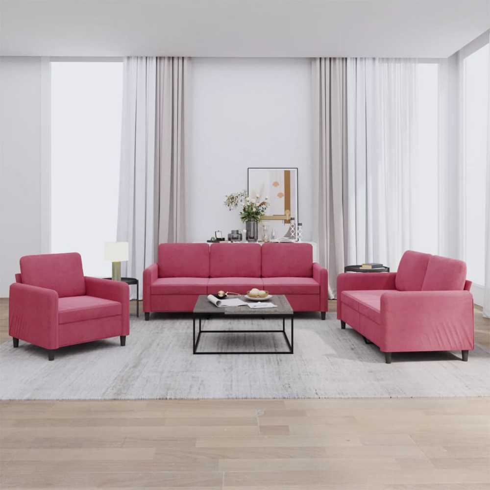 Sofa Sofos komplektas, 3 dalių, raudonojo vyno spalvos, aksomas
