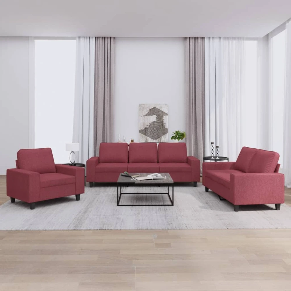 Sofa Sofos komplektas, 3 dalių, raudonojo vyno spalvos, audinys