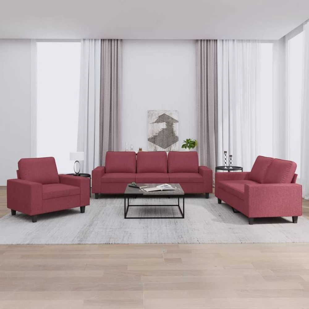 Sofa Sofos komplektas, 3 dalių, raudonojo vyno spalvos, audinys