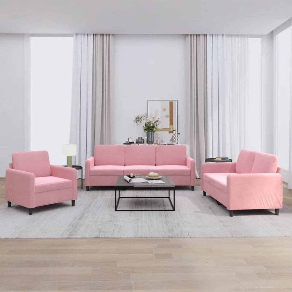 Sofa Sofos komplektas, 3 dalių, rožinės spalvos, aksomas