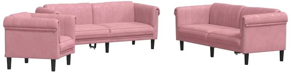 Sofa Sofos komplektas, 3 dalių, rožinės spalvos, aksomas