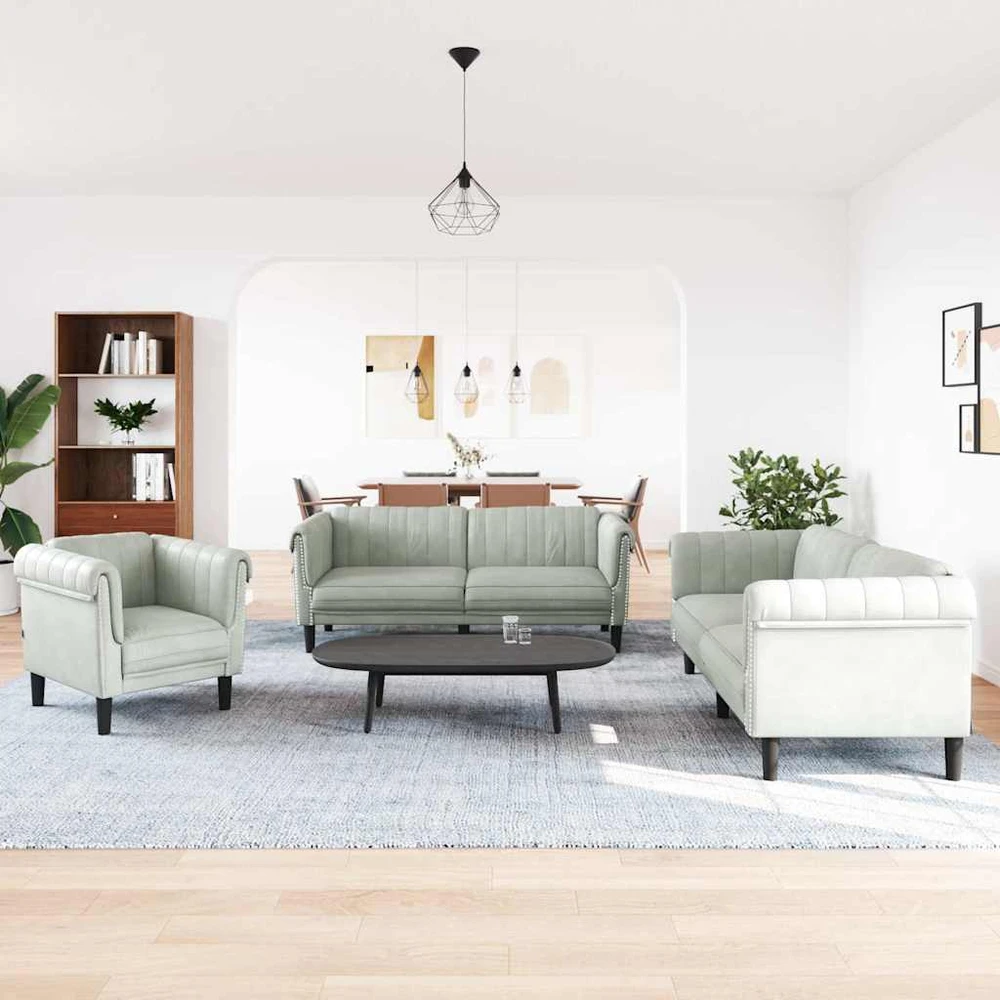 Sofa Sofos komplektas, 3 dalių, šviesiai pilkos spalvos, aksomas