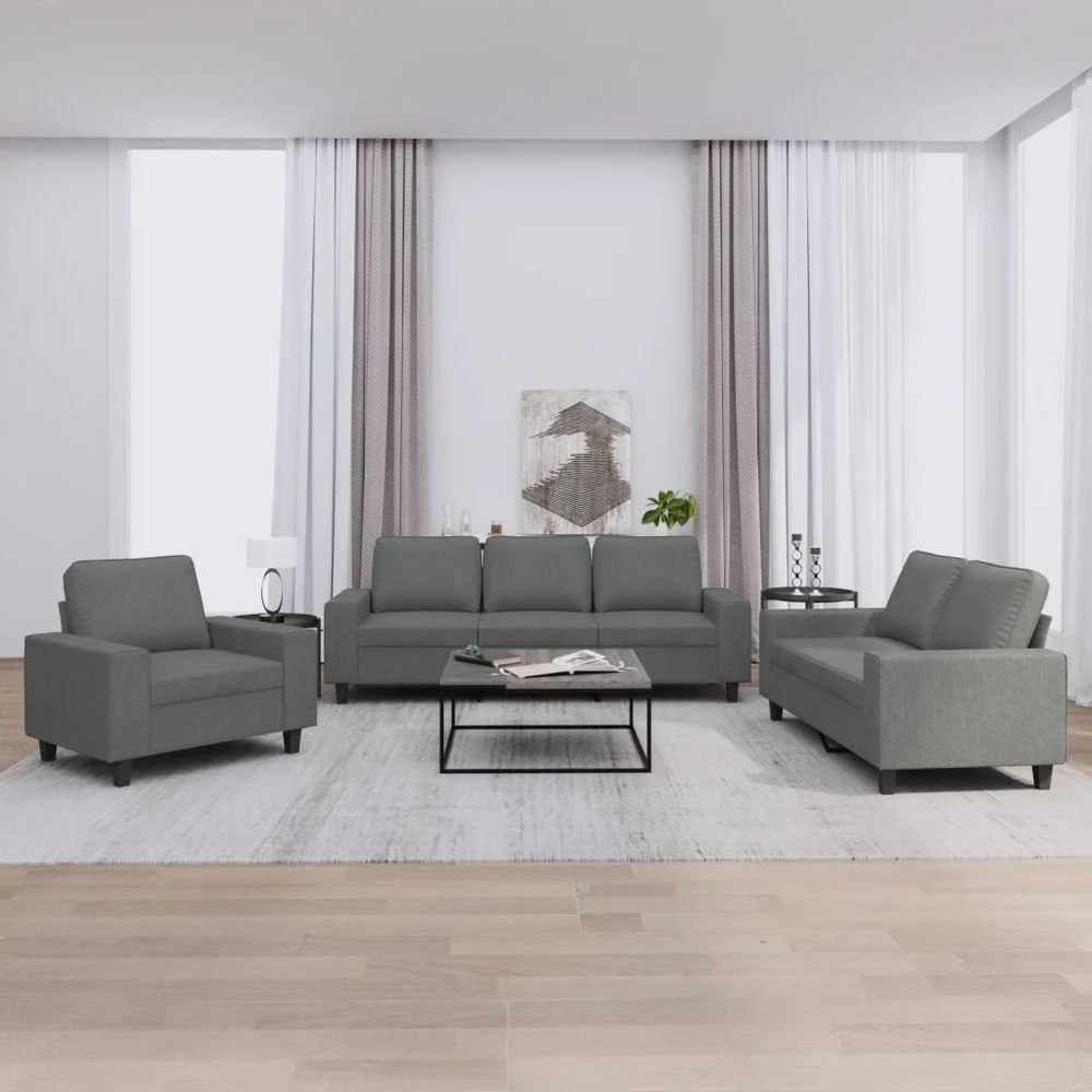 Sofa Sofos komplektas, 3 dalių, tamsiai pilkos spalvos, audinys