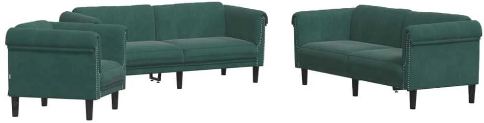 Sofa Sofos komplektas, 3 dalių, tamsiai žalios spalvos, aksomas