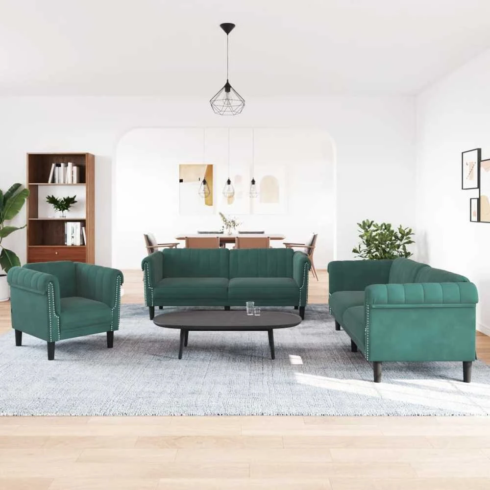 Sofa Sofos komplektas, 3 dalių, tamsiai žalios spalvos, aksomas