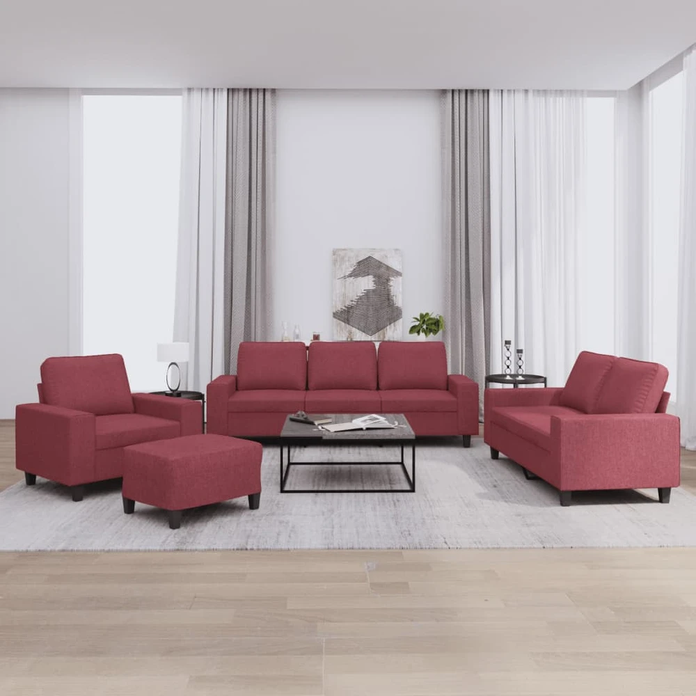 Sofa Sofos komplektas, 4 dalių, raudonojo vyno spalvos, audinys
