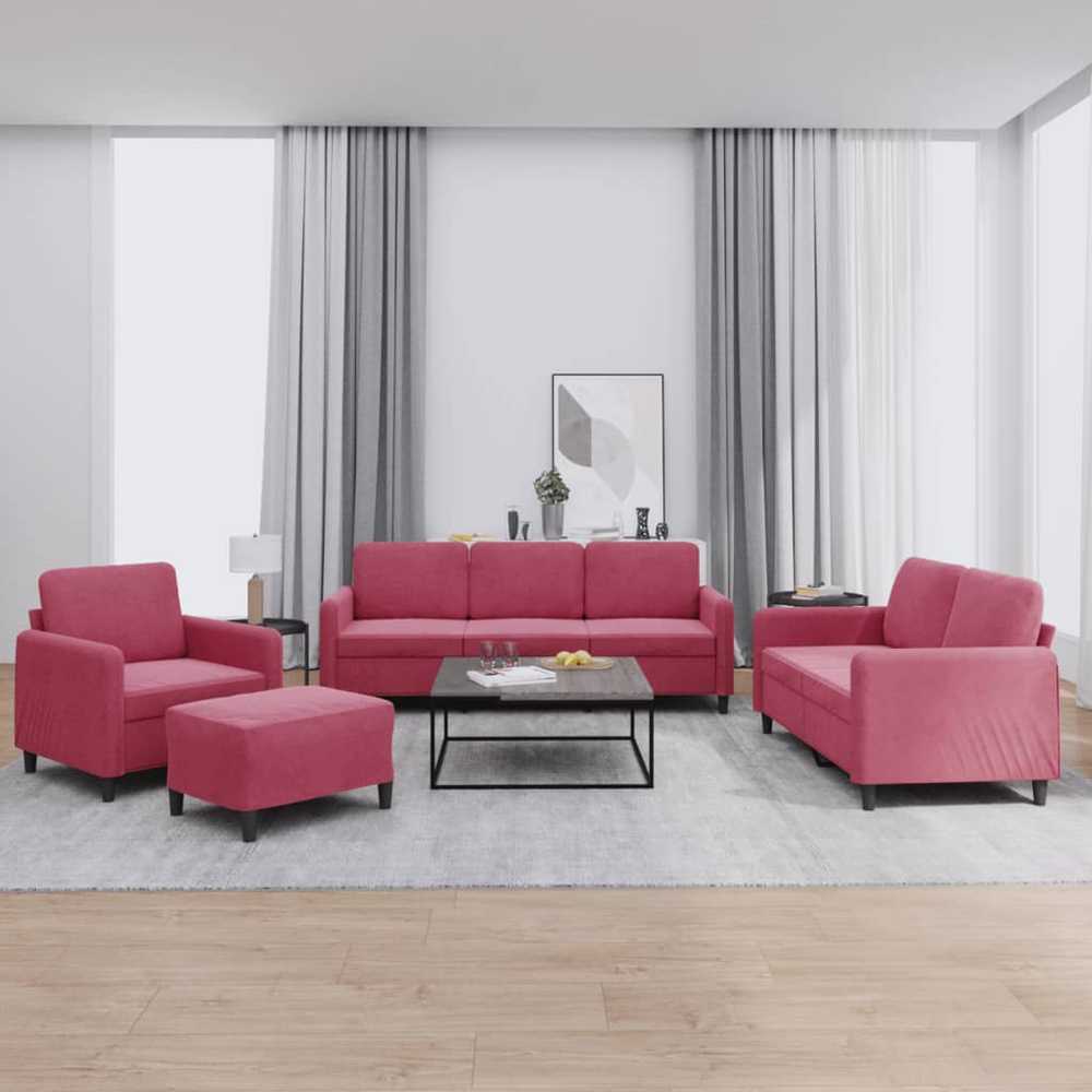 Sofa Sofos komplektas, 4 dalių, raudonojo vyno spalvos, aksomas