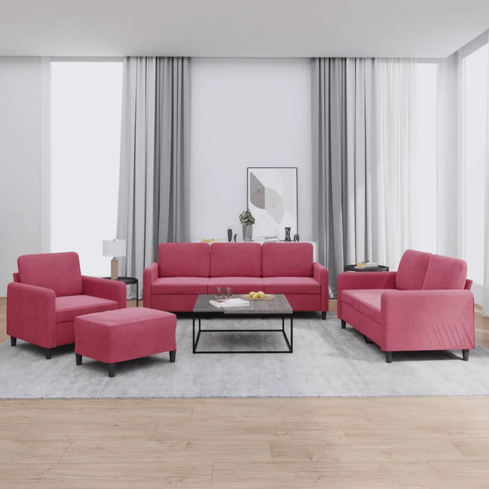 Sofa Sofos komplektas, 4 dalių, raudonojo vyno spalvos, aksomas