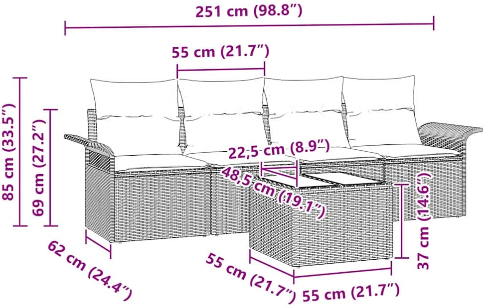 Sofos komplektas 5 vnt. Pilka poliratanas