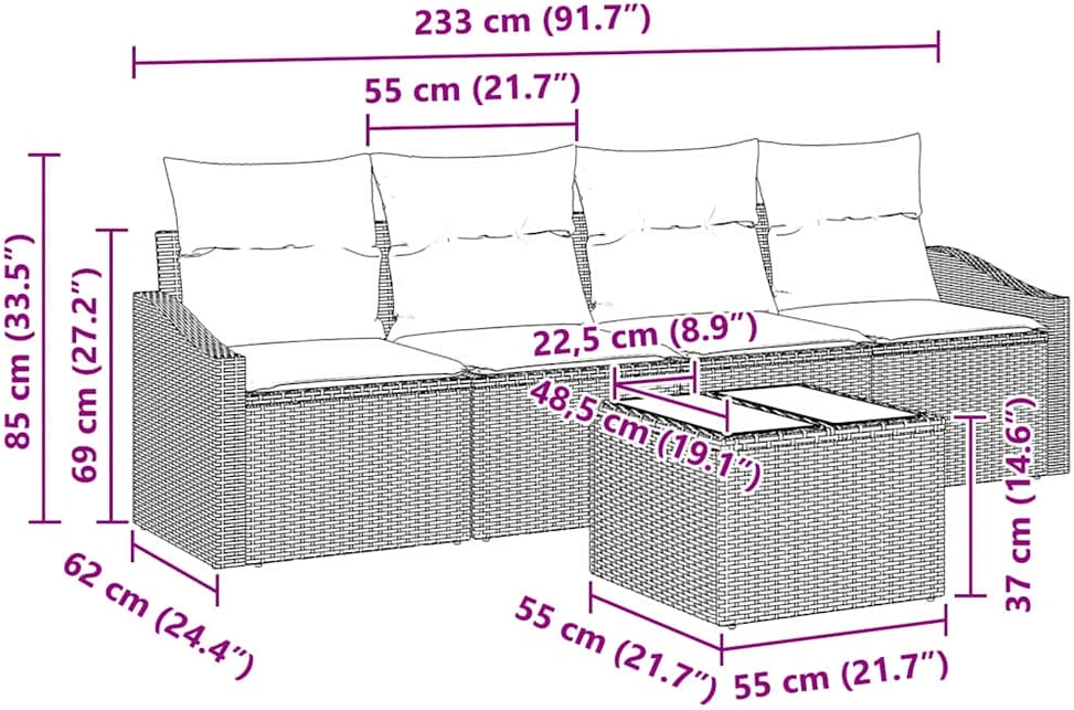 Sofos komplektas 5 vnt. Ruda ir grietinėlė poliratanas