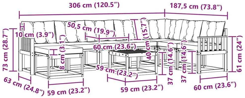 Lauko sofos komplektas 9 vnt. Natūrali ir juoda