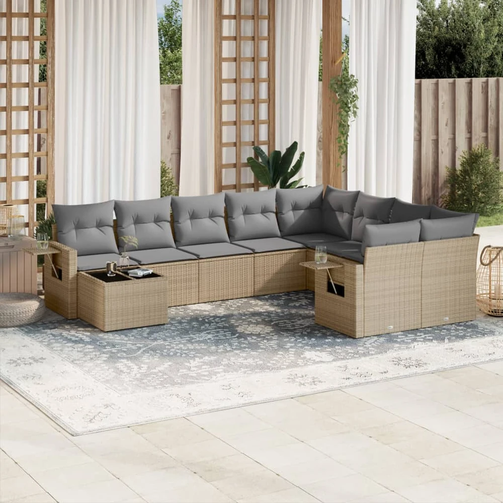 Sofa Sofos komplektas su pagalvėlėmis, 10 dalių, smėlio, poliratanas