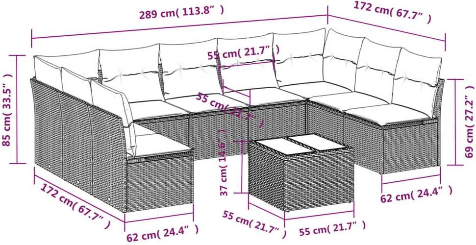 Lauko baldų komplektas Sofos komplektas su pagalvėlėmis, 10 dalių, smėlio, poliratanas