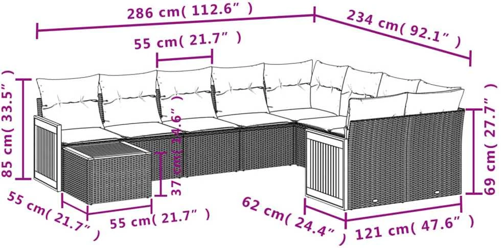 Sofa Sofos komplektas su pagalvėlėmis, 10 dalių, smėlio, poliratanas