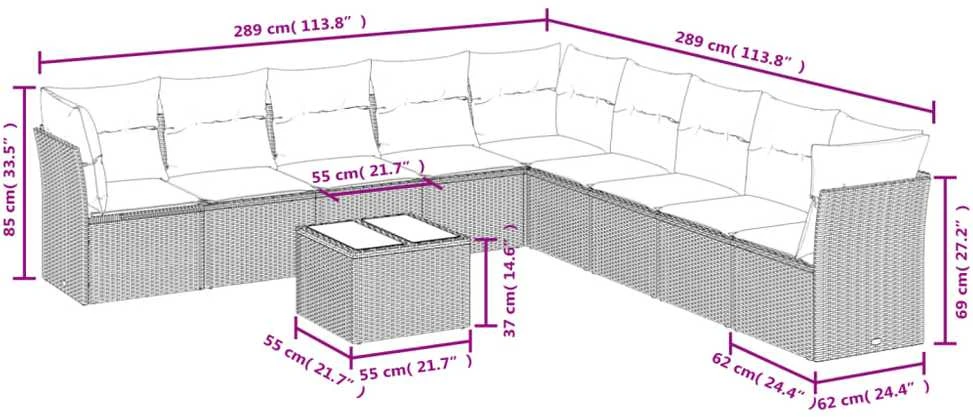 Sofa Sofos komplektas su pagalvėlėmis, 10 dalių, smėlio, poliratanas