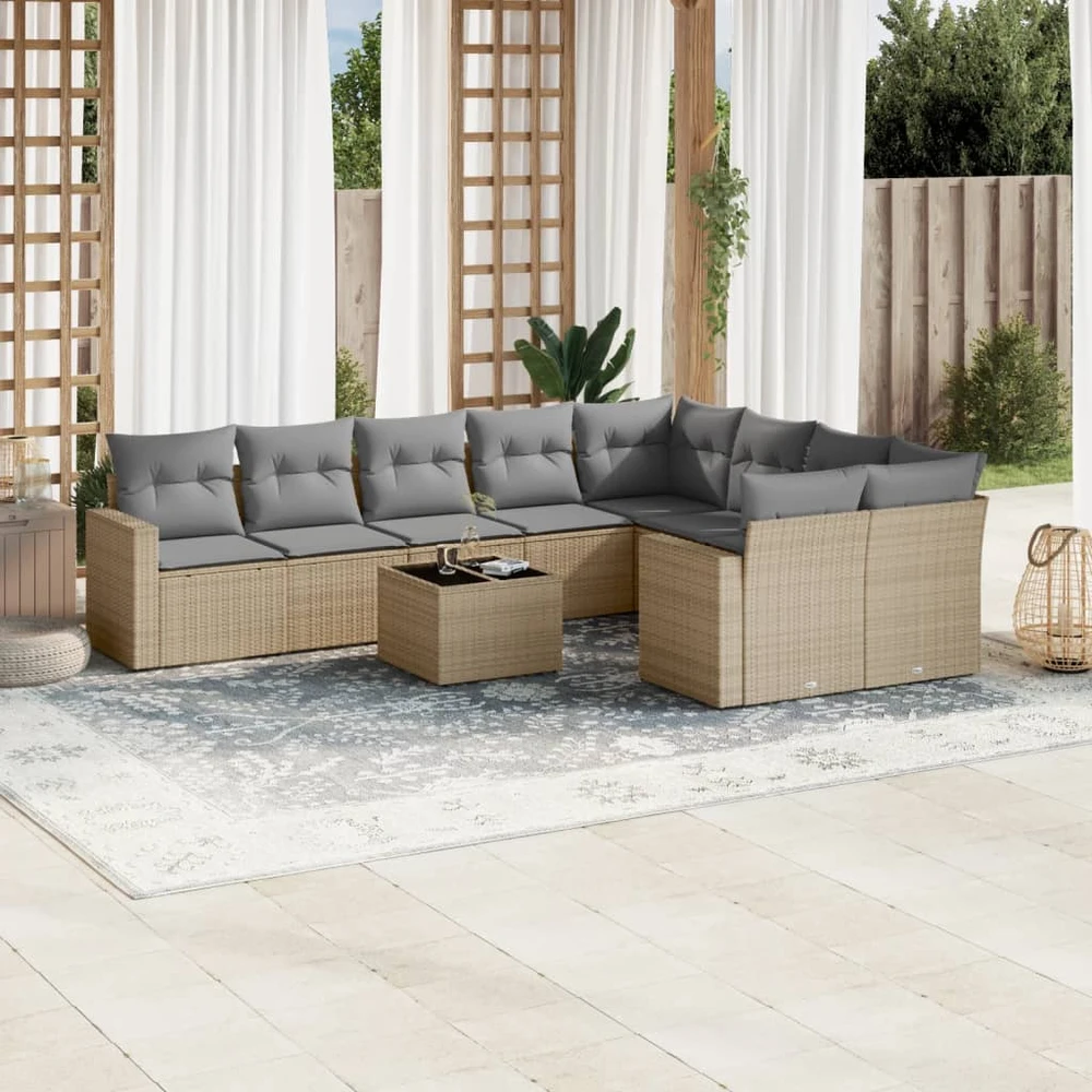 Sofa Sofos komplektas su pagalvėlėmis, 10 dalių, smėlio, poliratanas